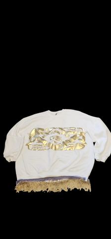 WHITE SWEATSHIRT GOLD PUFF VINYL LILITH FRINGED