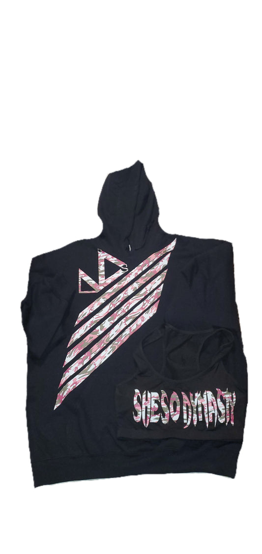 LADIES BLACK HOODY PINK CAMO STRIPES SHE SO DYNASTY BLACK SPORTS BRA WIT SHE SO DYNASTY HEADBAND